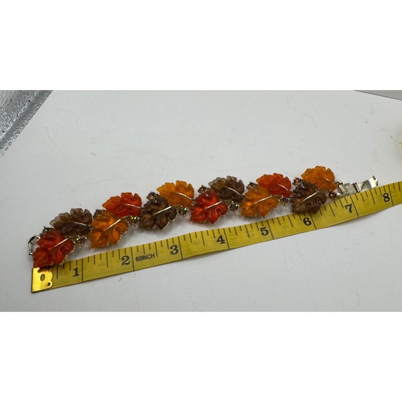 Lisner Leaf Autumn 7" Bracelet Orange Red Brown Rhinestone Fall Jewelry vintage - Picture 6 of 8